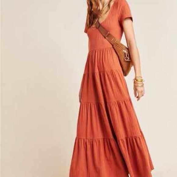 Anthropologie Maeve Gillian Tiered Maxi Dress Rust Orange Boho size 12 prairie - Picture 2 of 8